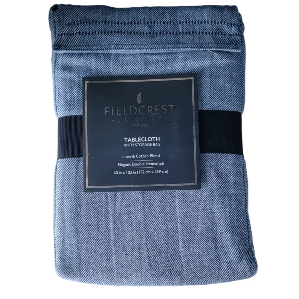 Fieldcrest Luxury Cotton Linen Harringbone Tablecloth 60 x 102 Navy Blue